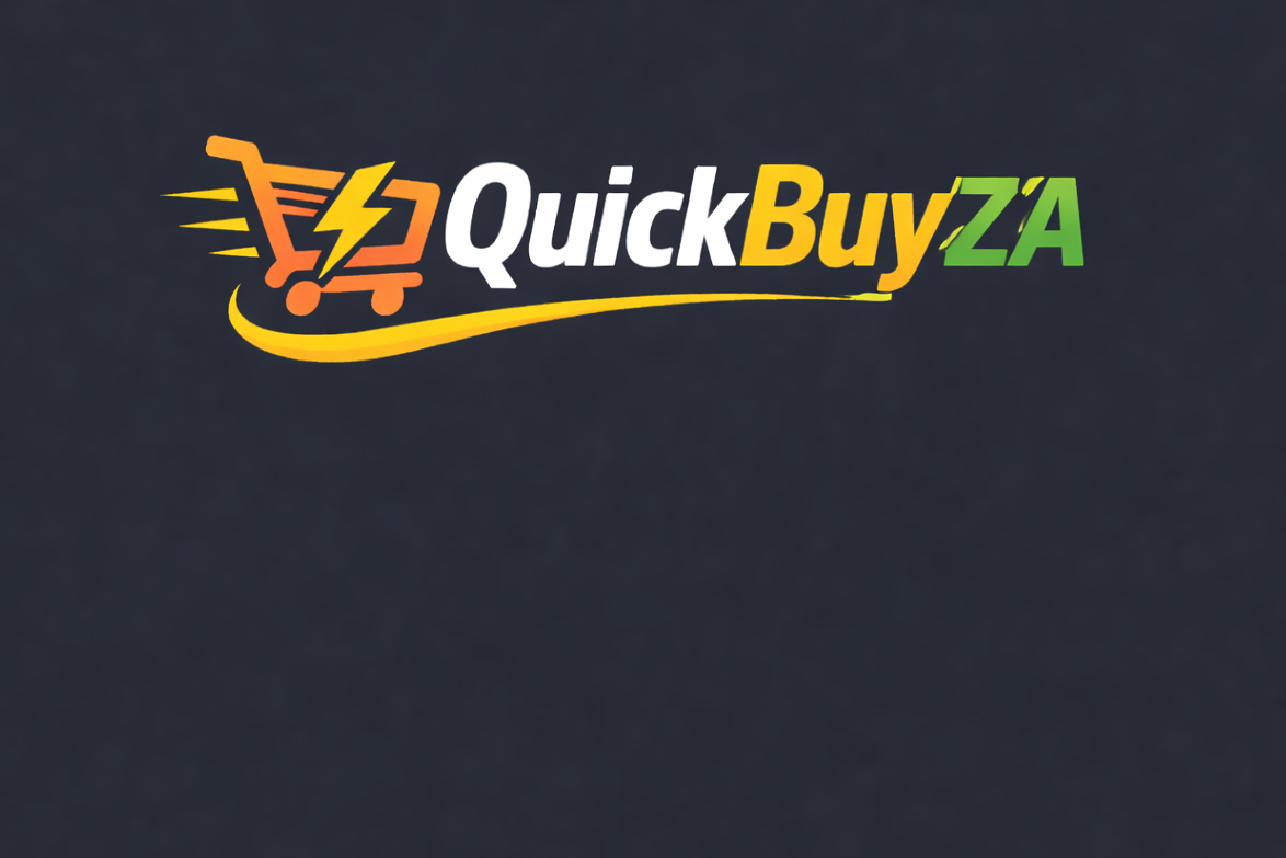 QuickBuyZA logo with a shopping cart and lightning bolt on a dark background