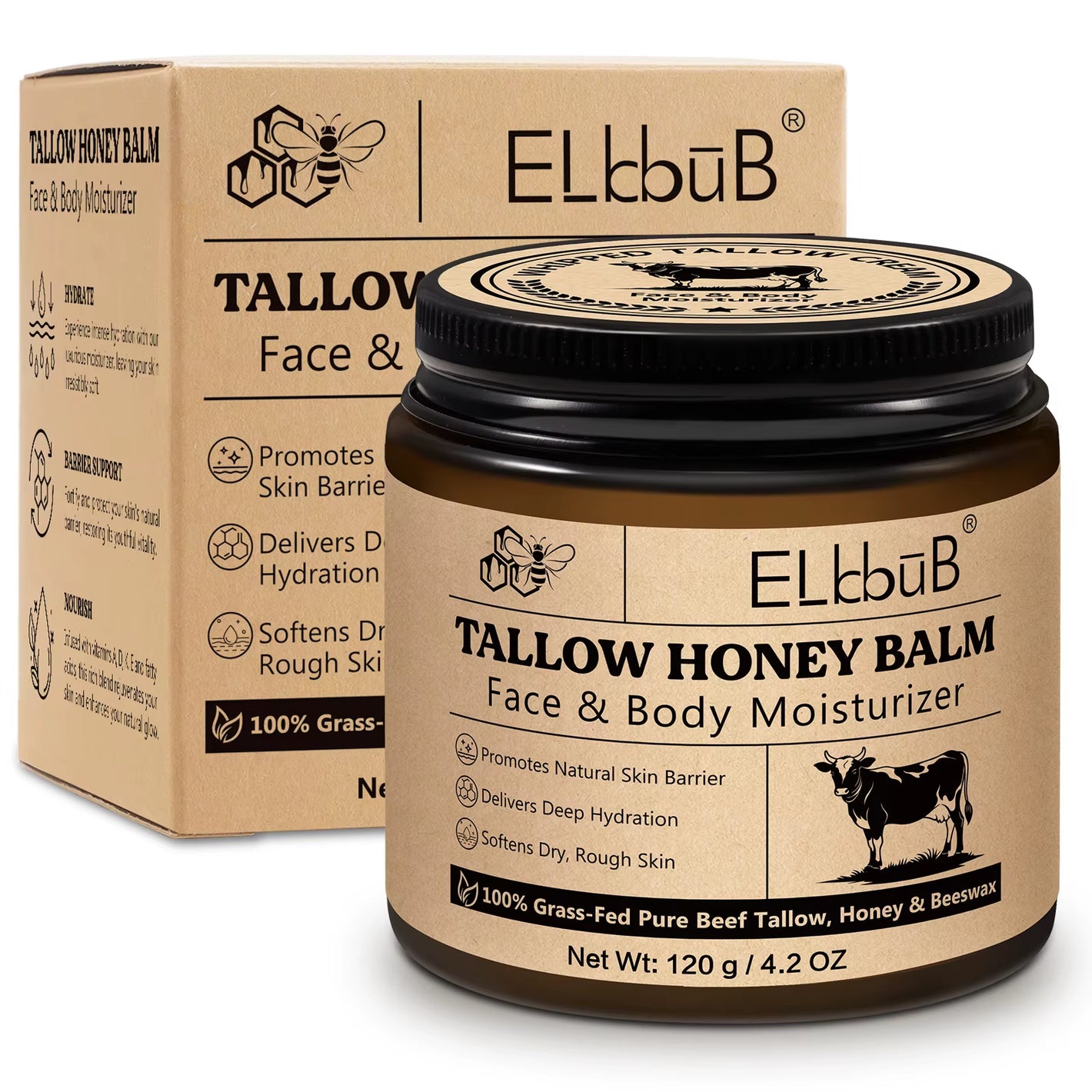 ELBBUB 120G Whipped Tallow Cream Face Body Moisturizer Unscented Organic Honey Beeswax Grass Fed Beef Tallow Balm